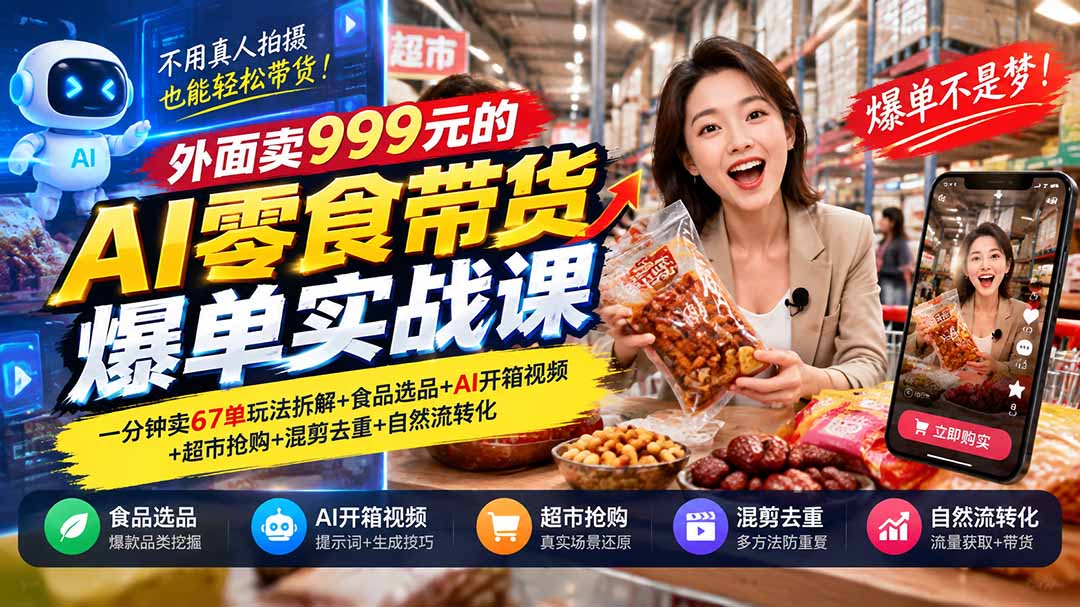 （20994期）外面卖999元的AI零食带货爆单实战课｜一分钟卖67单玩法拆解+食品选品+AI开箱视频+超市抢购+混剪去重+自然流转化瀚萌资源网-网赚网-网赚项目网-虚拟资源网-国学资源网-易学资源网-本站有全网最新网赚项目-易学课程资源-中医课程资源的在线下载网站！瀚萌资源网