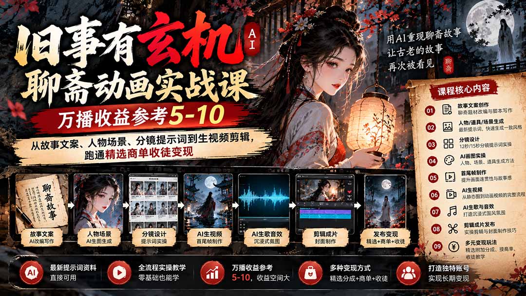 （20789期）旧事有玄机AI聊斋动画实战9月新课：万播收益参考5-10，从故事文案、人物场景到分镜生视频，跑通精选商单收徒瀚萌资源网-网赚网-网赚项目网-虚拟资源网-国学资源网-易学资源网-本站有全网最新网赚项目-易学课程资源-中医课程资源的在线下载网站！瀚萌资源网