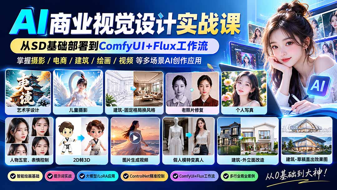 （20824期）【无水印】AI商业视觉设计实战课：从SD基础部署到ComfyUI+Flux工作流，掌握摄影电商建筑AI创作瀚萌资源网-网赚网-网赚项目网-虚拟资源网-国学资源网-易学资源网-本站有全网最新网赚项目-易学课程资源-中医课程资源的在线下载网站！瀚萌资源网