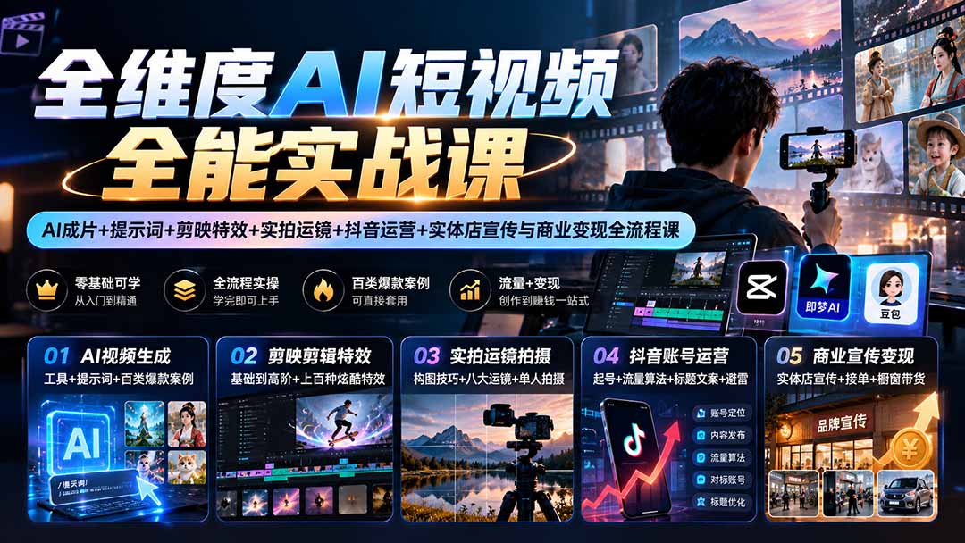 （20768期）【无水印】全维度AI短视频全能实战课：AI成片+提示词+剪映特效+实拍运镜+抖音运营+实体店宣传与商业变现全流程课瀚萌资源网-网赚网-网赚项目网-虚拟资源网-国学资源网-易学资源网-本站有全网最新网赚项目-易学课程资源-中医课程资源的在线下载网站！瀚萌资源网