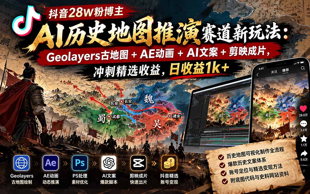 （20809期）抖音28W粉博主AI历史地图推演赛道新玩法：Geolayers古地图+AE动画+AI文案+剪映成片，冲刺精选收益，日收益1k+瀚萌资源网-网赚网-网赚项目网-虚拟资源网-国学资源网-易学资源网-本站有全网最新网赚项目-易学课程资源-中医课程资源的在线下载网站！瀚萌资源网