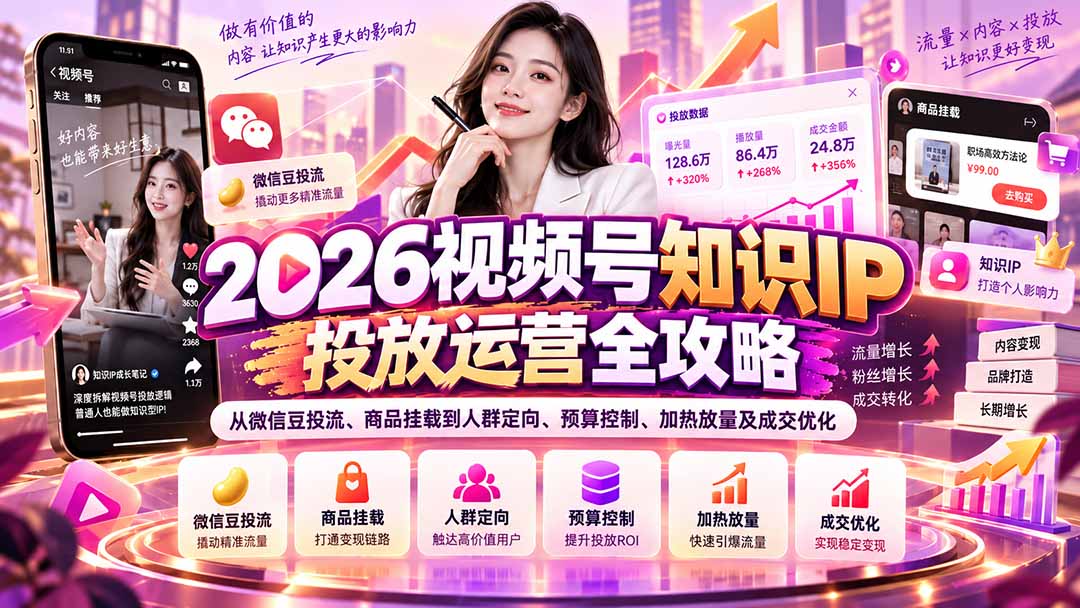 （20860期）2026视频号知识IP投放运营全攻略：从微信豆投流、商品挂载到人群定向、预算控制、加热放量及成交优化瀚萌资源网-网赚网-网赚项目网-虚拟资源网-国学资源网-易学资源网-本站有全网最新网赚项目-易学课程资源-中医课程资源的在线下载网站！瀚萌资源网