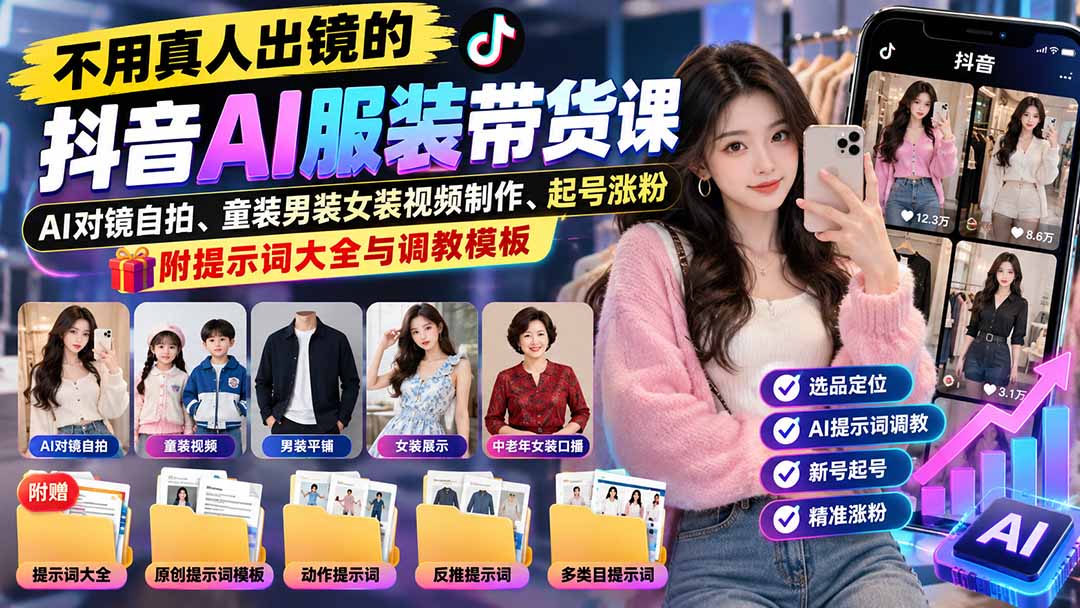 （20960期）不用真人出镜的抖音AI服装带货课：AI对镜自拍、童装男装女装视频制作、起号涨粉，附提示词大全与调教模板瀚萌资源网-网赚网-网赚项目网-虚拟资源网-国学资源网-易学资源网-本站有全网最新网赚项目-易学课程资源-中医课程资源的在线下载网站！瀚萌资源网