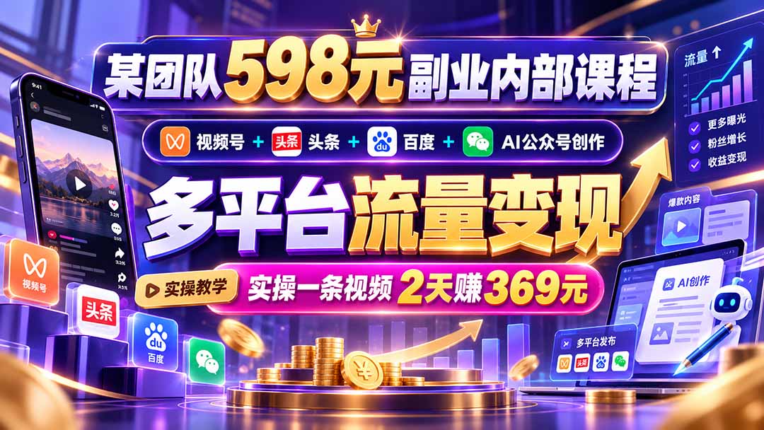 （21238期）某团队598元副业内部课程：视频号+头条+百度+AI公众号创作、多平台流量变现，实操一条视频2天赚369元瀚萌资源网-网赚网-网赚项目网-虚拟资源网-国学资源网-易学资源网-本站有全网最新网赚项目-易学课程资源-中医课程资源的在线下载网站！瀚萌资源网
