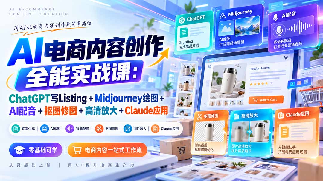 （20770期）【无水印】AI电商内容创作全能实战课：ChatGPT写Listing+Midjourney绘图+AI配音+抠图修图+高清放大+Claude应用瀚萌资源网-网赚网-网赚项目网-虚拟资源网-国学资源网-易学资源网-本站有全网最新网赚项目-易学课程资源-中医课程资源的在线下载网站！瀚萌资源网