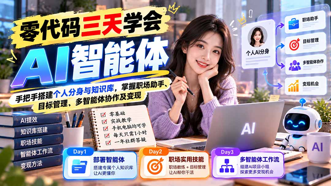 （20978期）【无水印】零代码三天学会AI智能体：手把手搭建个人分身与知识库，掌握职场助手、目标管理、多智能体协作及变现瀚萌资源网-网赚网-网赚项目网-虚拟资源网-国学资源网-易学资源网-本站有全网最新网赚项目-易学课程资源-中医课程资源的在线下载网站！瀚萌资源网