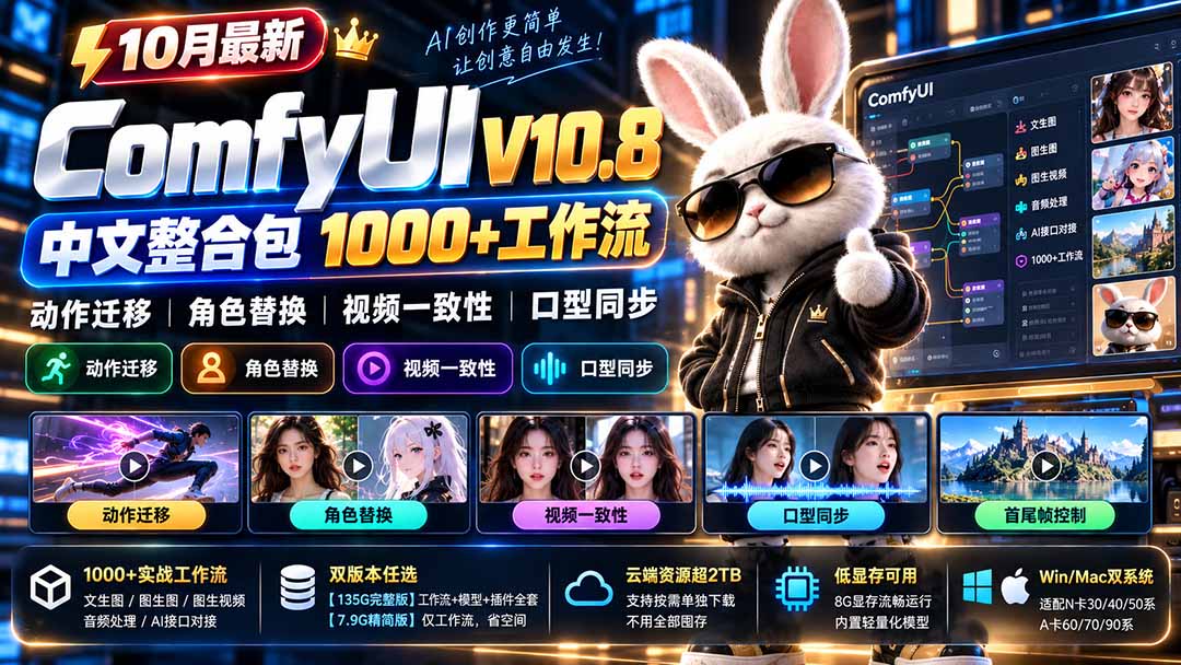 （21240期）10月最新ComfyUI V10.8中文整合包 1000+工作流 动作迁移 角色替换 视频一致性 口型同步 低显存可用瀚萌资源网-网赚网-网赚项目网-虚拟资源网-国学资源网-易学资源网-本站有全网最新网赚项目-易学课程资源-中医课程资源的在线下载网站！瀚萌资源网