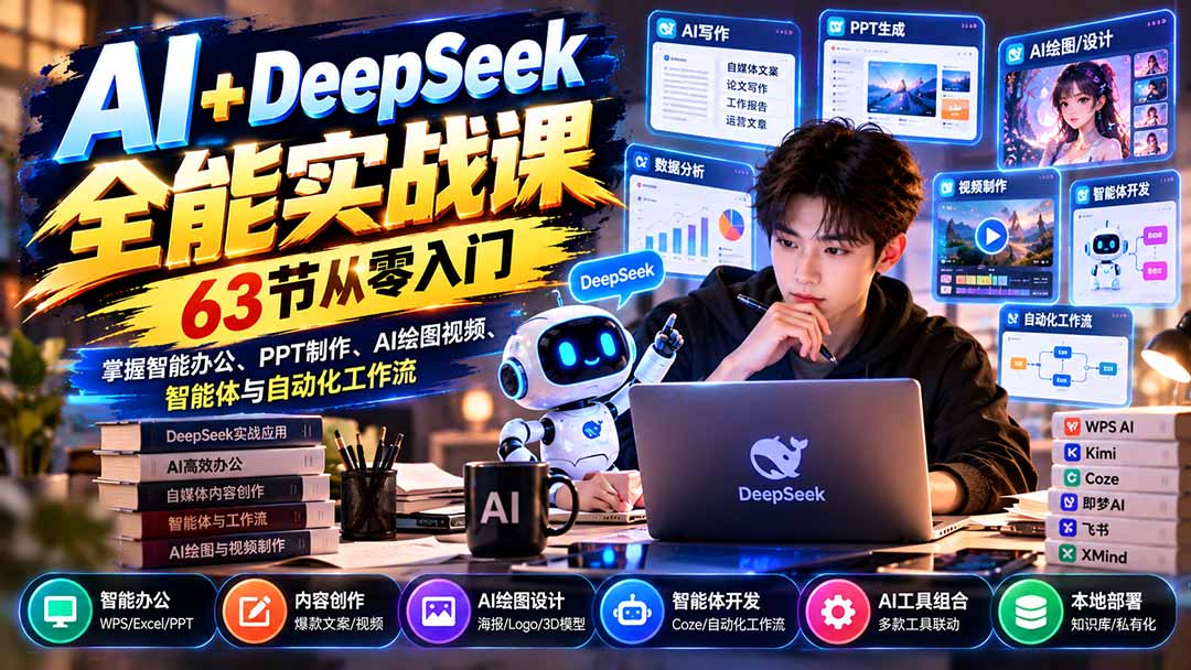（21141期）AI+DeepSeek全能实战课：63节从零入门，掌握智能办公、PPT制作、AI绘图视频、智能体与自动化工作流瀚萌资源网-网赚网-网赚项目网-虚拟资源网-国学资源网-易学资源网-本站有全网最新网赚项目-易学课程资源-中医课程资源的在线下载网站！瀚萌资源网