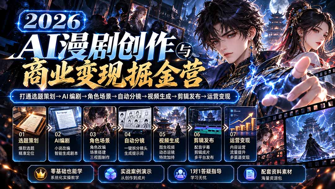 （20906期）【无水印】2026AI漫剧创作与商业变现掘金营：打通选题→AI编剧→角色场景→自动分镜→视频生成→剪辑发布→运营变现瀚萌资源网-网赚网-网赚项目网-虚拟资源网-国学资源网-易学资源网-本站有全网最新网赚项目-易学课程资源-中医课程资源的在线下载网站！瀚萌资源网