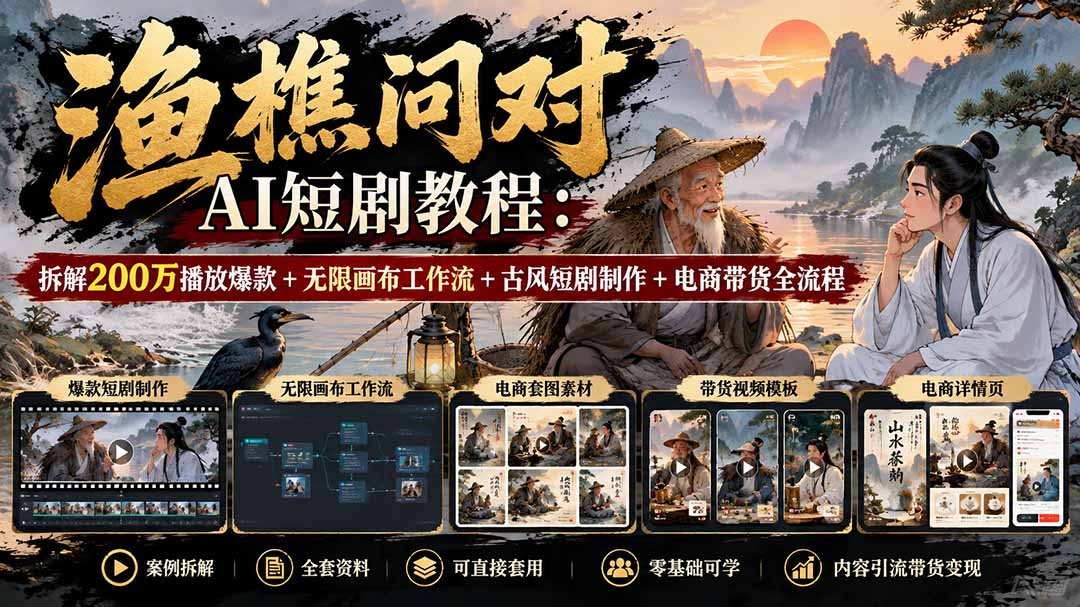 （20772期）【无水印】渔樵问对AI短剧教程：拆解200万播放爆款+无限画布工作流+古风短剧制作+电商带货全流程瀚萌资源网-网赚网-网赚项目网-虚拟资源网-国学资源网-易学资源网-本站有全网最新网赚项目-易学课程资源-中医课程资源的在线下载网站！瀚萌资源网
