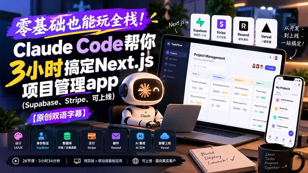 （20907期）零基础也能玩全栈！Claude Code帮你3小时搞定Next.js项目管理app（Supabase、Stripe、可上线）【原创双语字幕】瀚萌资源网-网赚网-网赚项目网-虚拟资源网-国学资源网-易学资源网-本站有全网最新网赚项目-易学课程资源-中医课程资源的在线下载网站！瀚萌资源网