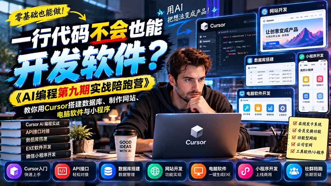 图片[1]瀚萌资源网-网赚网-网赚项目网-虚拟资源网-国学资源网-易学资源网-本站有全网最新网赚项目-易学课程资源-中医课程资源的在线下载网站！（21146期）一行代码不会也能开发软件？《AI编程第九期实战陪跑营》教你用Cursor搭建数据库、制作网站、电脑软件与小程序瀚萌资源网-网赚网-网赚项目网-虚拟资源网-国学资源网-易学资源网-本站有全网最新网赚项目-易学课程资源-中医课程资源的在线下载网站！瀚萌资源网