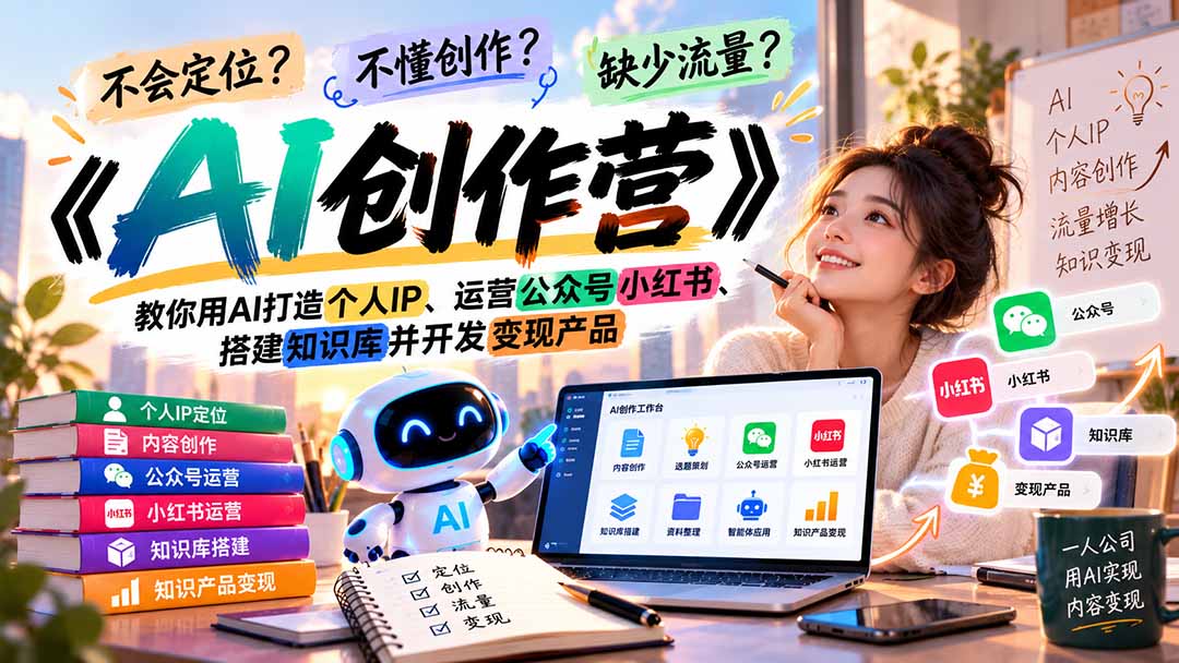 （21088期）不会定位、不懂创作、缺少流量？《AI创作营》教你用AI打造个人IP、运营公众号小红书、搭建知识库并开发变现产品瀚萌资源网-网赚网-网赚项目网-虚拟资源网-国学资源网-易学资源网-本站有全网最新网赚项目-易学课程资源-中医课程资源的在线下载网站！瀚萌资源网