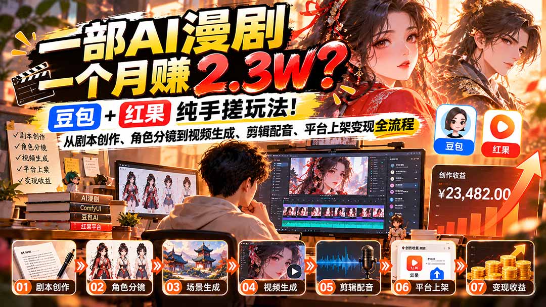 （21089期）一部AI漫剧一个月赚2.3W？豆包+红果纯手搓玩法！从剧本创作、角色分镜到视频生成、剪辑配音、平台上架变现全流程瀚萌资源网-网赚网-网赚项目网-虚拟资源网-国学资源网-易学资源网-本站有全网最新网赚项目-易学课程资源-中医课程资源的在线下载网站！瀚萌资源网