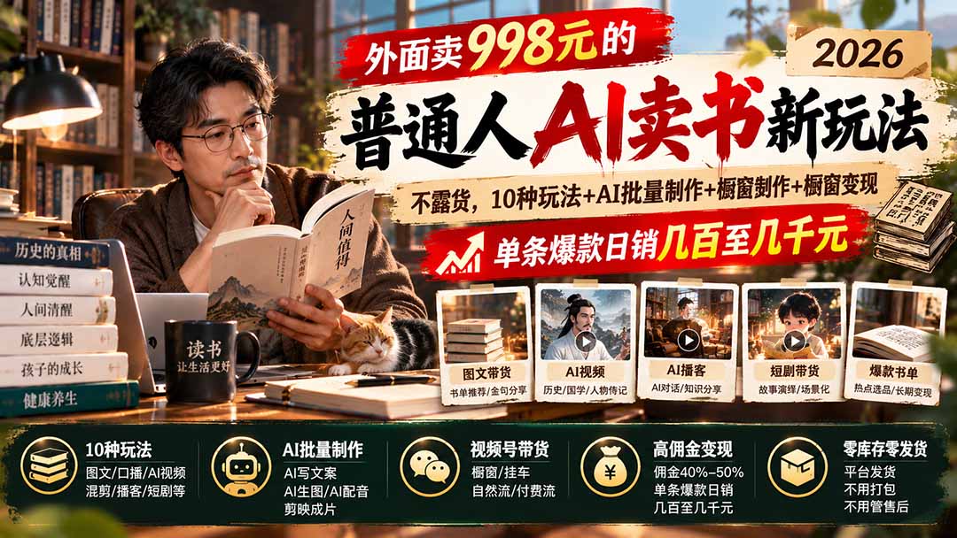 （20909期）外面卖998元的2026普通人AI卖书新玩法：不露脸、不囤货，10种玩法+AI批量制作+橱窗变现，单条爆款日销几百至几千元瀚萌资源网-网赚网-网赚项目网-虚拟资源网-国学资源网-易学资源网-本站有全网最新网赚项目-易学课程资源-中医课程资源的在线下载网站！瀚萌资源网