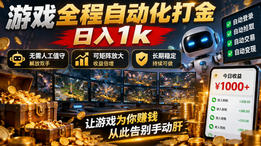 （21119期）游戏全程自动化打金，日入1k，无需人工值守，解放双手，可矩阵放大，长期稳定！瀚萌资源网-网赚网-网赚项目网-虚拟资源网-国学资源网-易学资源网-本站有全网最新网赚项目-易学课程资源-中医课程资源的在线下载网站！瀚萌资源网