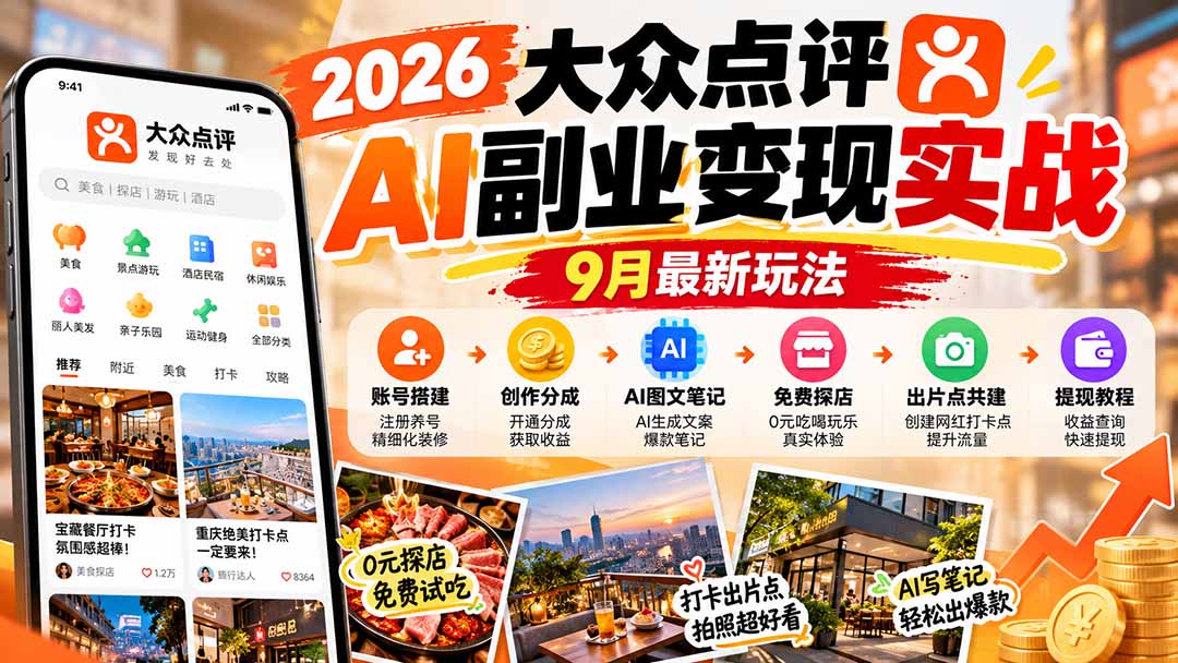 （20873期）2026大众点评AI副业变现实战9月最新玩法：账号搭建+创作分成+AI图文笔记+免费探店+出片点共建与提现教程瀚萌资源网-网赚网-网赚项目网-虚拟资源网-国学资源网-易学资源网-本站有全网最新网赚项目-易学课程资源-中医课程资源的在线下载网站！瀚萌资源网