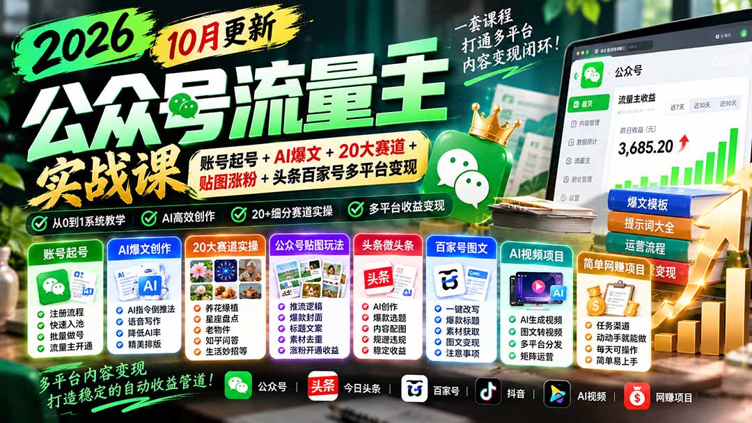 （20878期）2026公众号流量主实战课-10月更新：账号起号+AI爆文+20大赛道+贴图涨粉+头条百家号多平台变现瀚萌资源网-网赚网-网赚项目网-虚拟资源网-国学资源网-易学资源网-本站有全网最新网赚项目-易学课程资源-中医课程资源的在线下载网站！瀚萌资源网