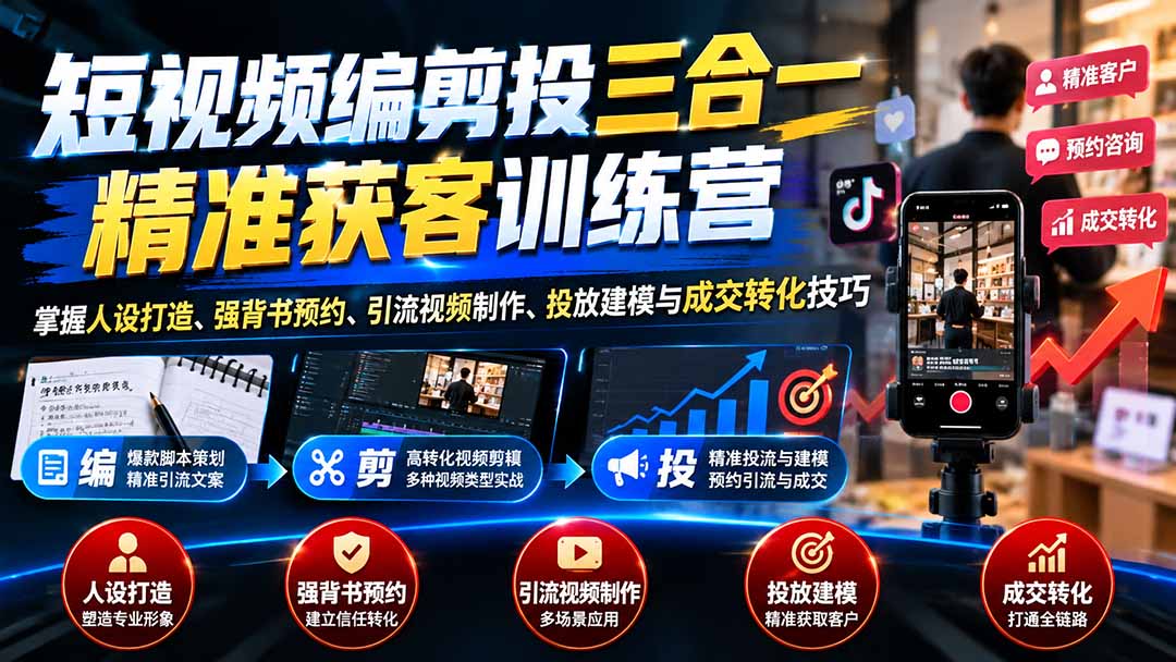 （20910期）短视频编剪投三合一精准获客训练营：掌握人设打造、强背书预约、引流视频制作、投放建模与成交转化技巧瀚萌资源网-网赚网-网赚项目网-虚拟资源网-国学资源网-易学资源网-本站有全网最新网赚项目-易学课程资源-中医课程资源的在线下载网站！瀚萌资源网