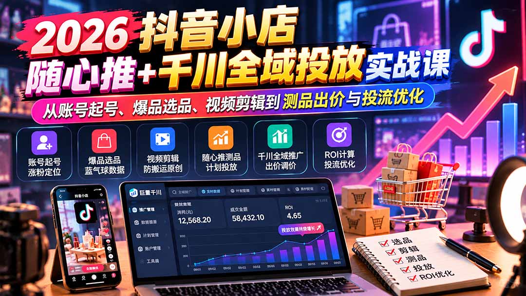 （20998期）2026抖音小店随心推+千川全域投放实战课：从账号起号、爆品选品、视频剪辑到测品出价与投流优化瀚萌资源网-网赚网-网赚项目网-虚拟资源网-国学资源网-易学资源网-本站有全网最新网赚项目-易学课程资源-中医课程资源的在线下载网站！瀚萌资源网