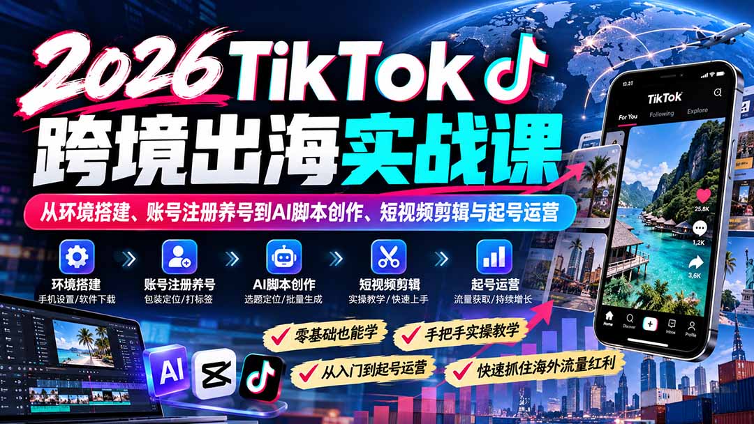（21170期）2026TikTok跨境出海实战课：从环境搭建、账号注册养号到AI脚本创作、短视频剪辑与起号运营瀚萌资源网-网赚网-网赚项目网-虚拟资源网-国学资源网-易学资源网-本站有全网最新网赚项目-易学课程资源-中医课程资源的在线下载网站！瀚萌资源网