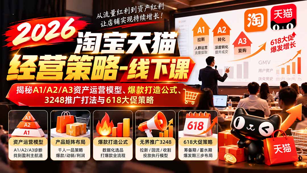 （20912期）2026淘宝天猫经营策略-线下课：揭秘A1/A2/A3资产运营模型、爆款打造公式、3248推广打法与618大促策略瀚萌资源网-网赚网-网赚项目网-虚拟资源网-国学资源网-易学资源网-本站有全网最新网赚项目-易学课程资源-中医课程资源的在线下载网站！瀚萌资源网