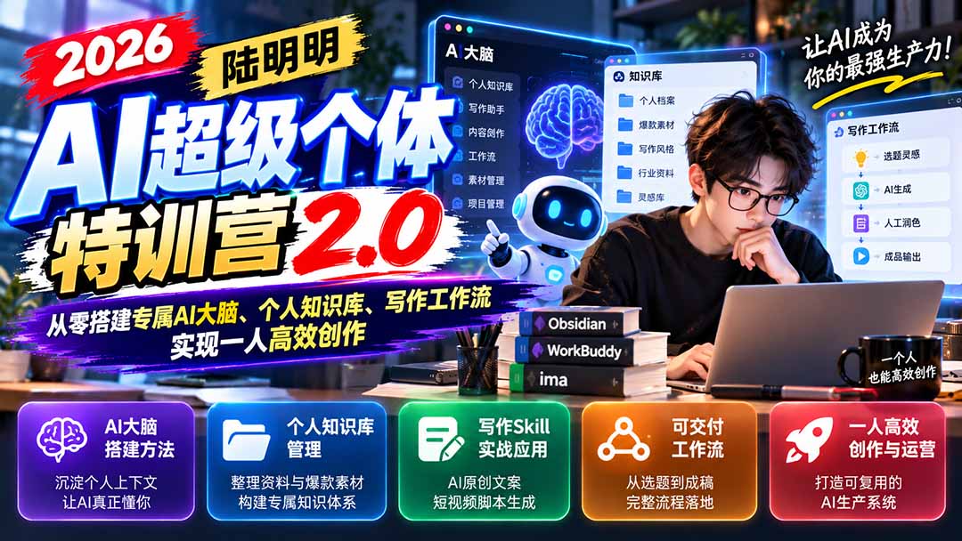 （21281期）2026AI超级个体特训营2.0：从零搭建专属AI大脑、个人知识库、写作工作流，实现一人高效创作瀚萌资源网-网赚网-网赚项目网-虚拟资源网-国学资源网-易学资源网-本站有全网最新网赚项目-易学课程资源-中医课程资源的在线下载网站！瀚萌资源网