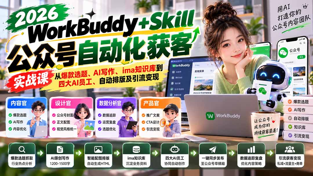 （21023期）WorkBuddy + Skill公众号自动化获客实战课：从爆款选题、AI写作、ima知识库到四大AI员工、自动排版及引流变现瀚萌资源网-网赚网-网赚项目网-虚拟资源网-国学资源网-易学资源网-本站有全网最新网赚项目-易学课程资源-中医课程资源的在线下载网站！瀚萌资源网