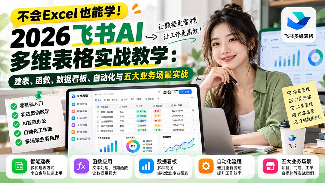 （21153期）不会Excel也能学！2026飞书AI多维表格实战教学：建表、函数、数据看板、自动化与五大业务场景实战瀚萌资源网-网赚网-网赚项目网-虚拟资源网-国学资源网-易学资源网-本站有全网最新网赚项目-易学课程资源-中医课程资源的在线下载网站！瀚萌资源网