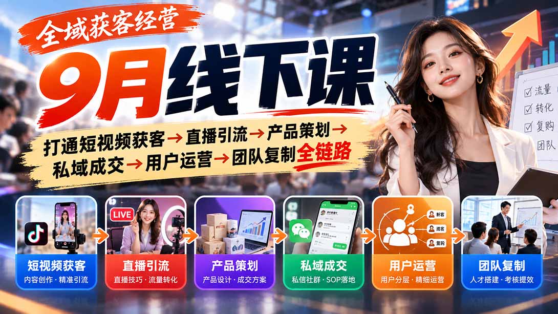 （20777期）全域获客经营9月线下课：打通短视频获客→直播引流→产品策划→私域成交→用户运营→团队复制全链路瀚萌资源网-网赚网-网赚项目网-虚拟资源网-国学资源网-易学资源网-本站有全网最新网赚项目-易学课程资源-中医课程资源的在线下载网站！瀚萌资源网