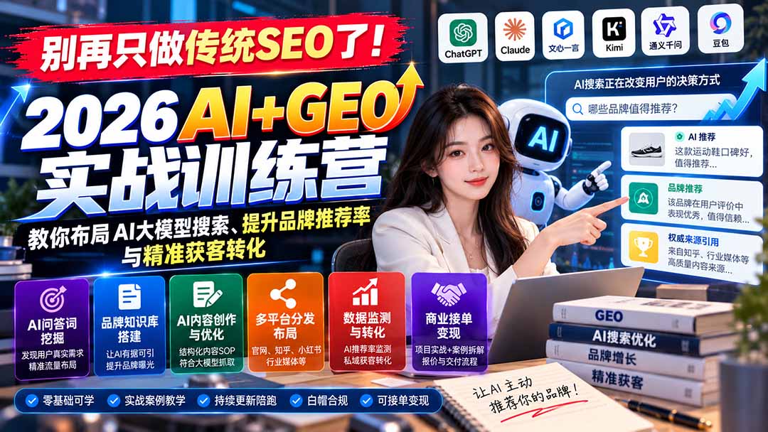 （21191期）别再只做传统SEO了！《2026AI+GEO实战训练营》教你布局AI大模型搜索、提升品牌推荐率与精准获客转化瀚萌资源网-网赚网-网赚项目网-虚拟资源网-国学资源网-易学资源网-本站有全网最新网赚项目-易学课程资源-中医课程资源的在线下载网站！瀚萌资源网