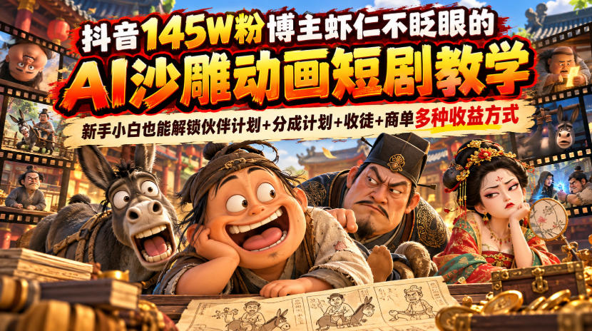 抖音145W粉博主虾仁不眨眼的AI沙雕动画短剧教学，新手小白也能解锁伙伴计划+分成计划+收徒+商单多种收益方式瀚萌资源网-网赚网-网赚项目网-虚拟资源网-国学资源网-易学资源网-本站有全网最新网赚项目-易学课程资源-中医课程资源的在线下载网站！瀚萌资源网