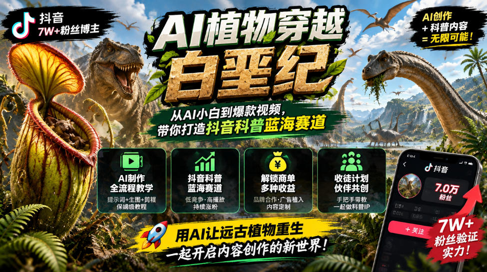 抖音7W粉丝博主的AI植物穿越白垩纪教学，抖音科普蓝海赛道，解锁商单收徒伙伴计划等多种收益瀚萌资源网-网赚网-网赚项目网-虚拟资源网-国学资源网-易学资源网-本站有全网最新网赚项目-易学课程资源-中医课程资源的在线下载网站！瀚萌资源网