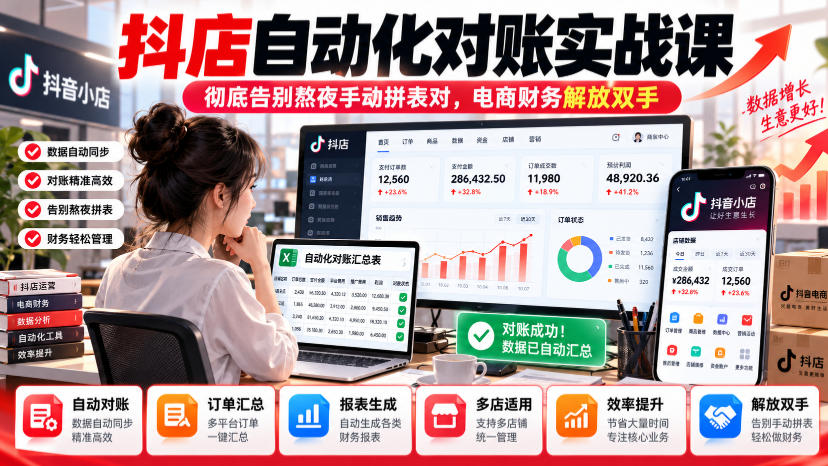 抖店自动化对账实战课，彻底告别熬夜手动拼表对，账电商财务解放双手瀚萌资源网-网赚网-网赚项目网-虚拟资源网-国学资源网-易学资源网-本站有全网最新网赚项目-易学课程资源-中医课程资源的在线下载网站！瀚萌资源网