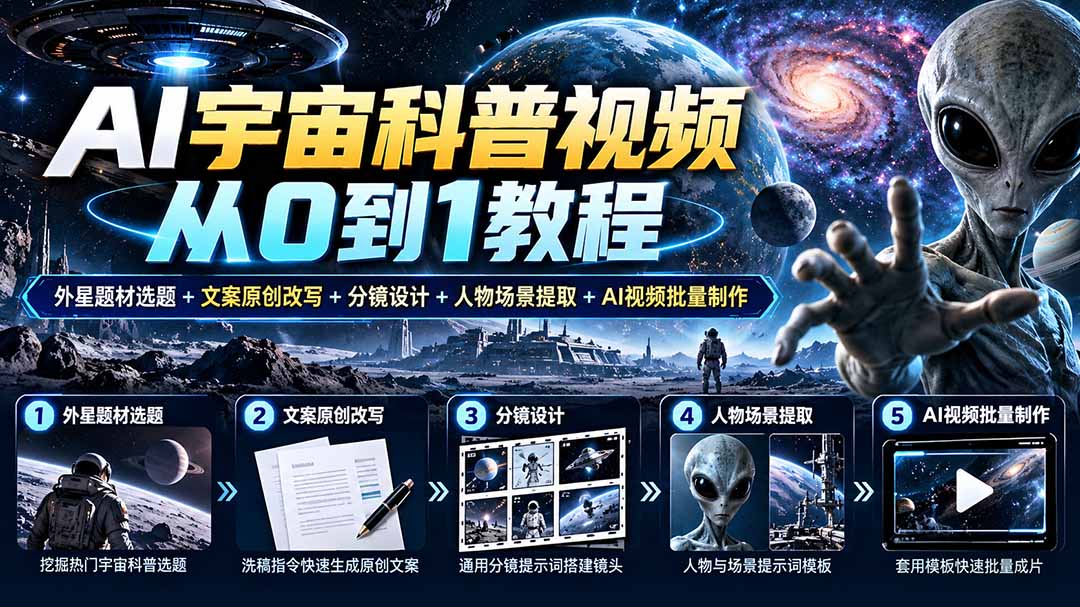 （20774期）AI宇宙科普视频从0到1教程｜外星题材选题+文案原创改写+分镜设计+人物场景提取+AI视频批量制作瀚萌资源网-网赚网-网赚项目网-虚拟资源网-国学资源网-易学资源网-本站有全网最新网赚项目-易学课程资源-中医课程资源的在线下载网站！瀚萌资源网