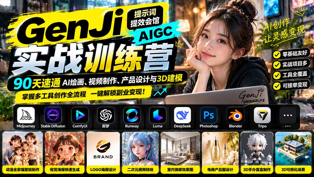 （21192期）GenJi AIGC实战训练营：90天速通AI绘画、视频制作、产品设计与3D建模，掌握多工具创作全流程瀚萌资源网-网赚网-网赚项目网-虚拟资源网-国学资源网-易学资源网-本站有全网最新网赚项目-易学课程资源-中医课程资源的在线下载网站！瀚萌资源网