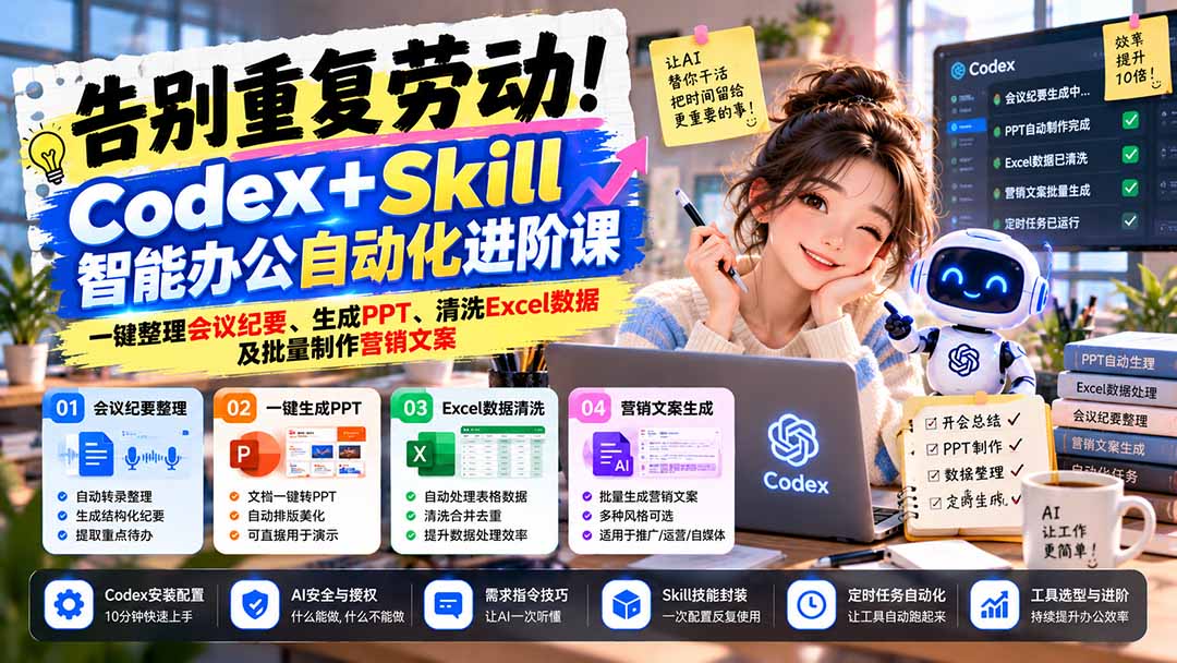 （21001期）告别重复劳动！Codex+Skill智能办公自动化进阶课：一键整理会议纪要、生成PPT、清洗Excel数据及批量制作营销文案瀚萌资源网-网赚网-网赚项目网-虚拟资源网-国学资源网-易学资源网-本站有全网最新网赚项目-易学课程资源-中医课程资源的在线下载网站！瀚萌资源网