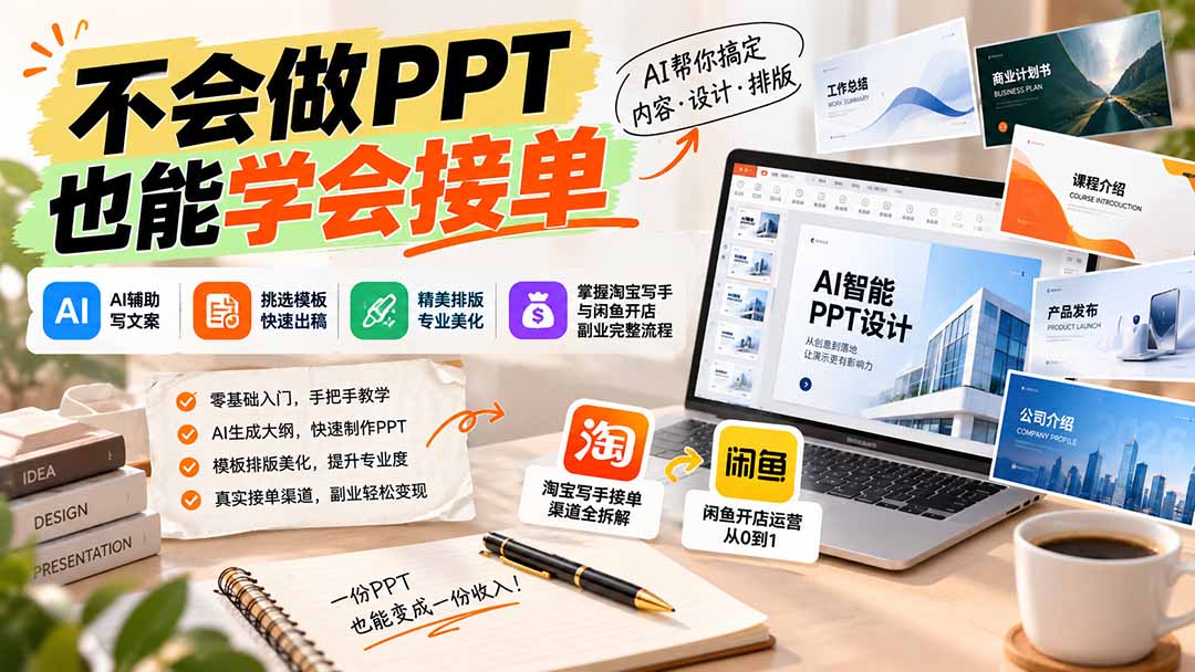 （20945期）不会做PPT也能学会接单：AI辅助写文案、挑模板、做排版，掌握淘宝写手与闲鱼开店副业完整流程瀚萌资源网-网赚网-网赚项目网-虚拟资源网-国学资源网-易学资源网-本站有全网最新网赚项目-易学课程资源-中医课程资源的在线下载网站！瀚萌资源网