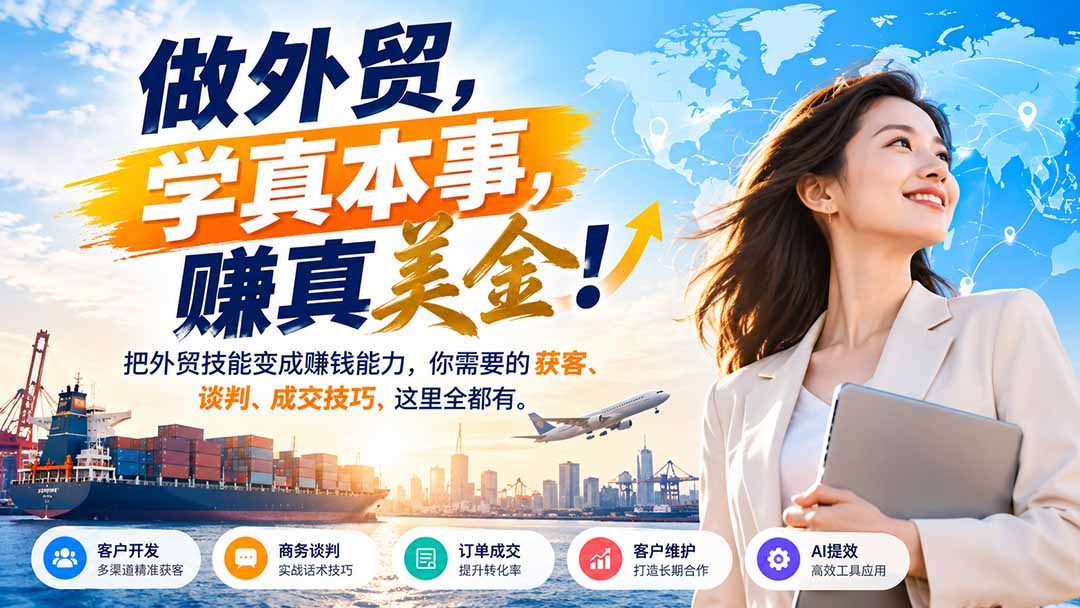 （21106期）做外贸，学真本事，赚真美金！把外贸技能变成赚钱能力，你需要的获客、谈判、成交技巧，这里全都有瀚萌资源网-网赚网-网赚项目网-虚拟资源网-国学资源网-易学资源网-本站有全网最新网赚项目-易学课程资源-中医课程资源的在线下载网站！瀚萌资源网