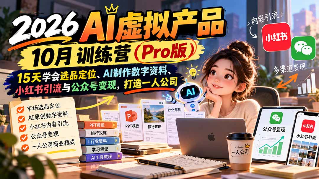 （21054期）2026AI虚拟产品10月训练营（Pro版）：15天学会选品定位、AI制作数字资料、小红书引流与公众号变现，打造一人公司瀚萌资源网-网赚网-网赚项目网-虚拟资源网-国学资源网-易学资源网-本站有全网最新网赚项目-易学课程资源-中医课程资源的在线下载网站！瀚萌资源网