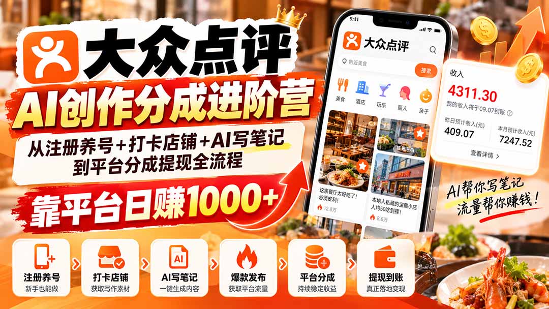 （20759期）大众点评AI创作分成进阶营：从注册养号+打卡店铺+AI写笔记到平台分成提现全流程，靠平台日赚1000+瀚萌资源网-网赚网-网赚项目网-虚拟资源网-国学资源网-易学资源网-本站有全网最新网赚项目-易学课程资源-中医课程资源的在线下载网站！瀚萌资源网