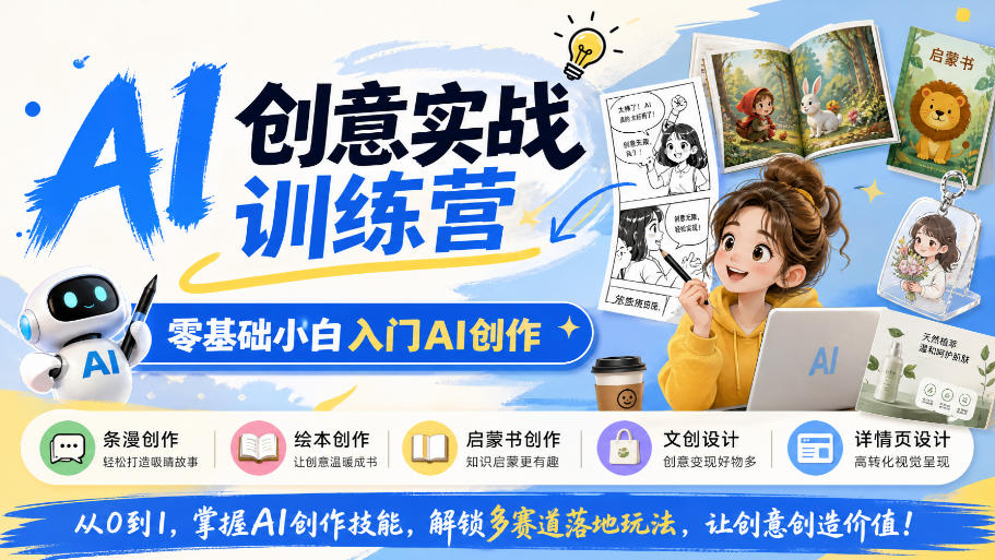 AI创意实战训练营，零基础小白入门AI创作，解锁条漫、绘本、启蒙书、文创、详情页多赛道落地玩法瀚萌资源网-网赚网-网赚项目网-虚拟资源网-国学资源网-易学资源网-本站有全网最新网赚项目-易学课程资源-中医课程资源的在线下载网站！瀚萌资源网