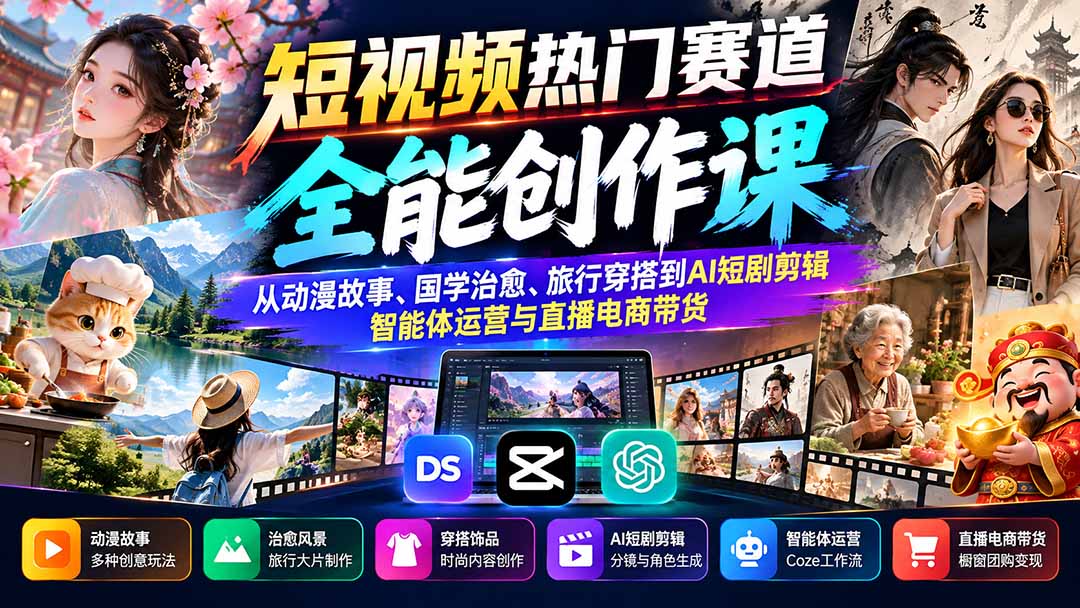 （20956期）短视频热门赛道全能创作课：从动漫故事、国学治愈、旅行穿搭到AI短剧剪辑、智能体运营与直播电商带货瀚萌资源网-网赚网-网赚项目网-虚拟资源网-国学资源网-易学资源网-本站有全网最新网赚项目-易学课程资源-中医课程资源的在线下载网站！瀚萌资源网
