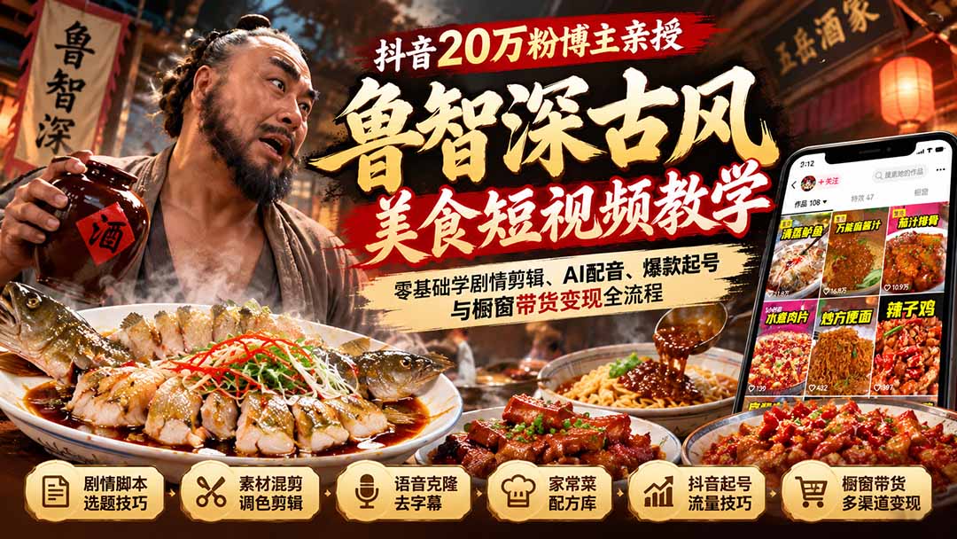 （21285期）抖音20万粉博主亲授鲁智深古风美食玩法：零基础学剧情剪辑、AI配音、爆款起号与橱窗带货变现全流程瀚萌资源网-网赚网-网赚项目网-虚拟资源网-国学资源网-易学资源网-本站有全网最新网赚项目-易学课程资源-中医课程资源的在线下载网站！瀚萌资源网