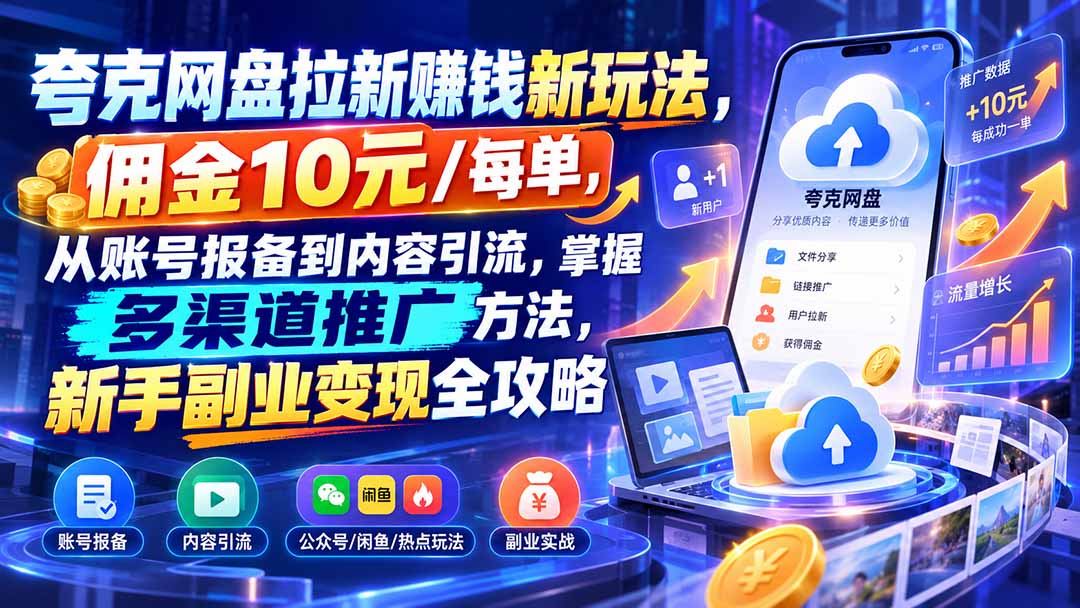 （21108期）夸克网盘拉新赚钱新玩法，佣金10元/每单，从账号报备到内容引流，掌握多渠道推广方法，新手副业变现全攻略瀚萌资源网-网赚网-网赚项目网-虚拟资源网-国学资源网-易学资源网-本站有全网最新网赚项目-易学课程资源-中医课程资源的在线下载网站！瀚萌资源网