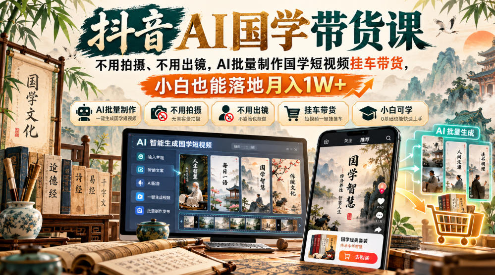 抖音AI国学带货课，不用拍摄、不用出镜，AI批量制作国学短视频挂车带货，小白也能落地月入1W+瀚萌资源网-网赚网-网赚项目网-虚拟资源网-国学资源网-易学资源网-本站有全网最新网赚项目-易学课程资源-中医课程资源的在线下载网站！瀚萌资源网