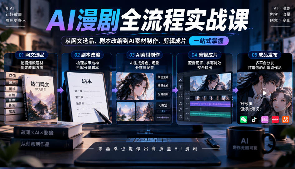 AI漫剧全流程实战课，覆盖从网文选品、剧本改编到AI素材制作、剪辑成片的完整链路瀚萌资源网-网赚网-网赚项目网-虚拟资源网-国学资源网-易学资源网-本站有全网最新网赚项目-易学课程资源-中医课程资源的在线下载网站！瀚萌资源网