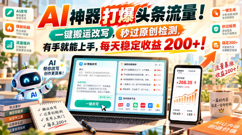 AI神器打爆头条流量，一键搬运改写，秒过原创检测，有手就能上手，每天稳定收益200+！【揭秘】瀚萌资源网-网赚网-网赚项目网-虚拟资源网-国学资源网-易学资源网-本站有全网最新网赚项目-易学课程资源-中医课程资源的在线下载网站！瀚萌资源网
