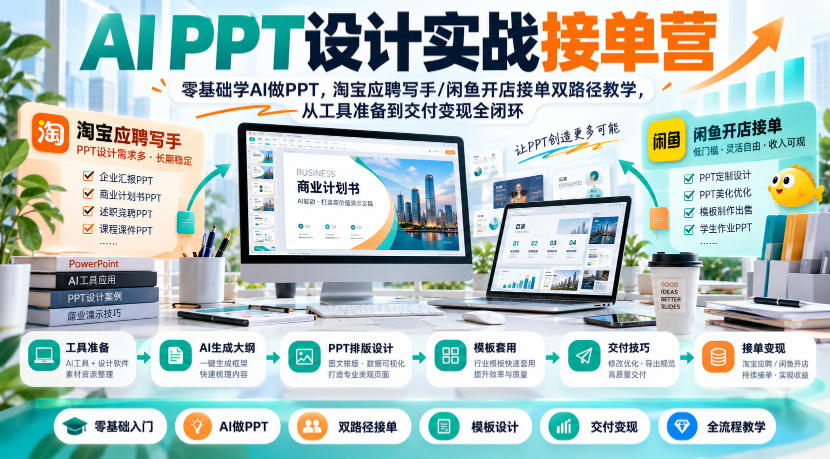 AI PPT设计实战接单营｜零基础学AI做PPT，淘宝应聘写手/闲鱼开店接单双路径教学，从工具准备到交付变现全闭环瀚萌资源网-网赚网-网赚项目网-虚拟资源网-国学资源网-易学资源网-本站有全网最新网赚项目-易学课程资源-中医课程资源的在线下载网站！瀚萌资源网