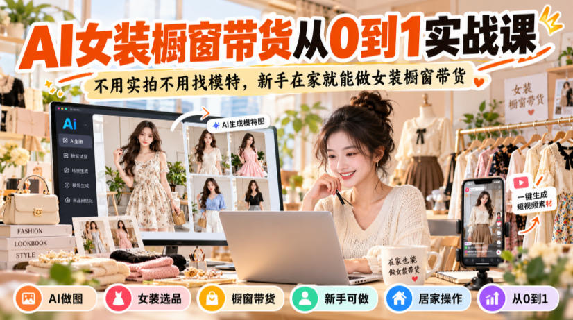 AI女装橱窗带货从0到1实战课，不用实拍不用找模特，新手在家就能做女装橱窗带货瀚萌资源网-网赚网-网赚项目网-虚拟资源网-国学资源网-易学资源网-本站有全网最新网赚项目-易学课程资源-中医课程资源的在线下载网站！瀚萌资源网